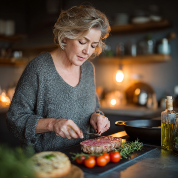 Persoană în vârstă pregătind o masă sănătoasă cu legume proaspete